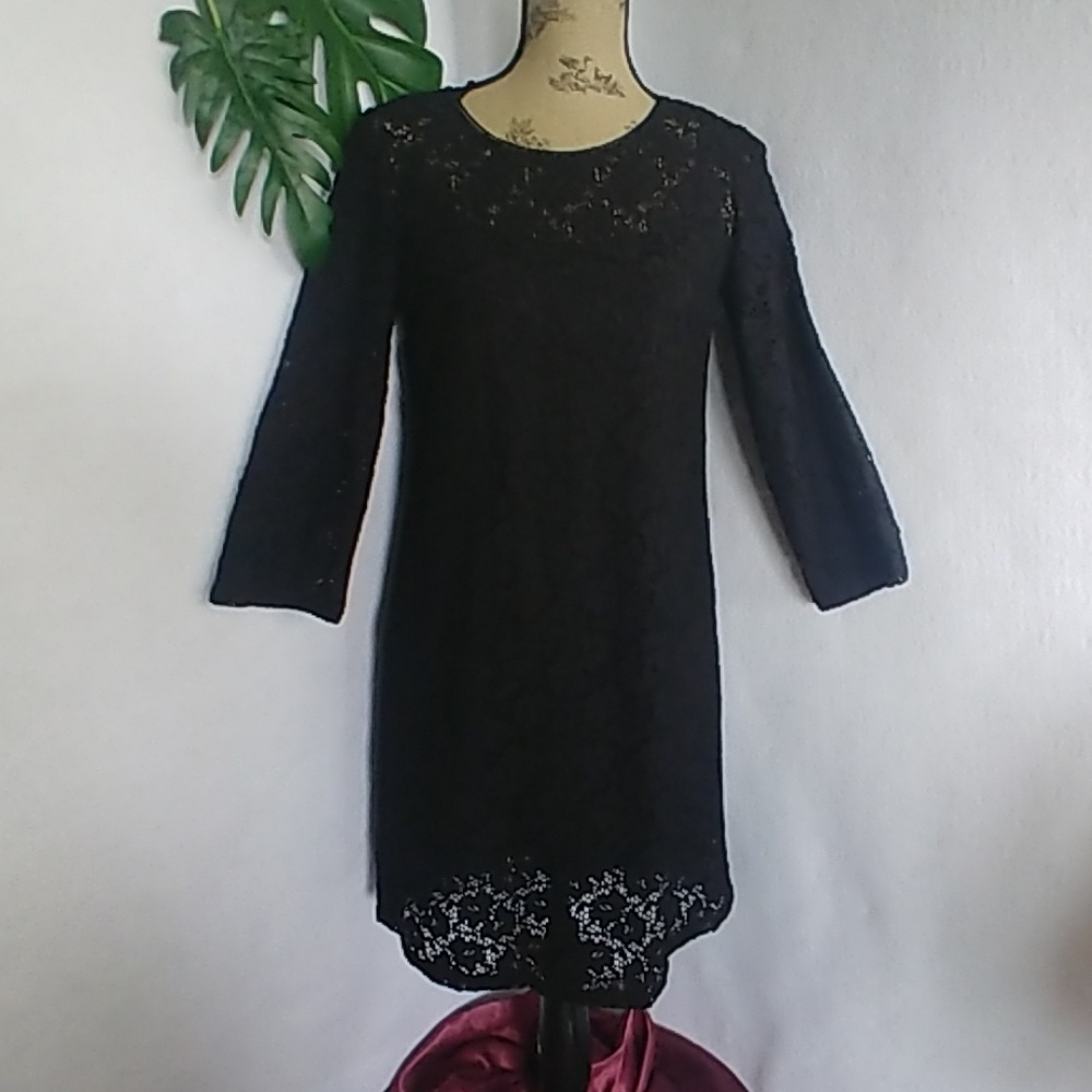 London Times Black Lace Overlay Dress
